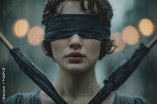Blindfolded Woman Holding Crossed Swords in Rainy Night Street, Dramatic Cinematic Portrait Inspired by Two of Swords Tarot Card, Dark Moody Scene with Lantern Lights and Atmospheric Background