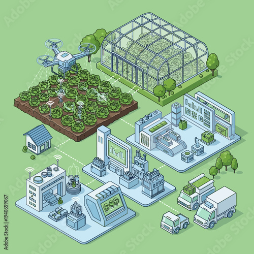 Isometric illustration depicting a smart farm with drone technology, automated greenhouses, and advanced agricultural processing facilities.
