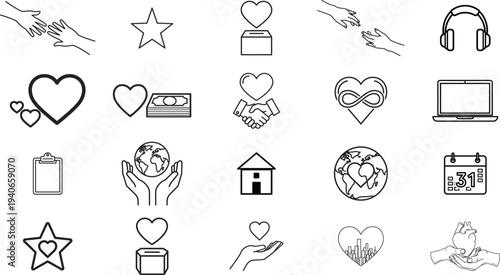 Collection of simple black line icons representing love, technology, and global connectivity in a modern context