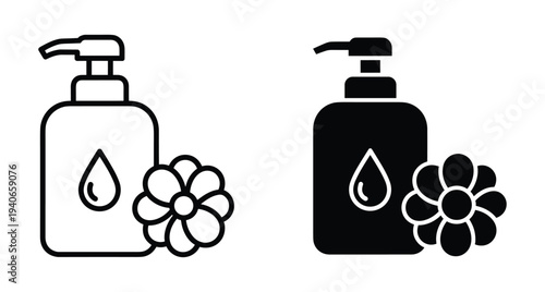 Liquid soap dispenser bottle icon set with flower and drop symbol for skincare beauty hygiene cosmetic product packaging design elements