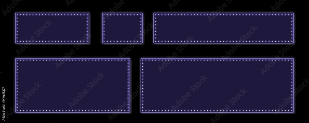 Obraz premium Five dark blue retro marquee frames with bright glowing light bulbs on black