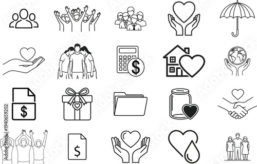Collection of simple black and white icons representing charity, giving, and community support in a grid layout