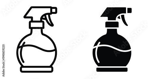 Spray bottle icon set featuring outline and solid silhouette designs for cleaning disinfection gardening hair care and household maintenance tasks vector