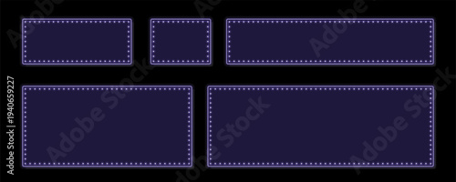 Five dark blue retro marquee frames with bright glowing light bulbs on black