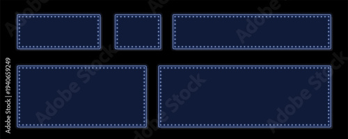 Five dark blue rectangular and square frames with illuminated borders create a vibrant display on a black background