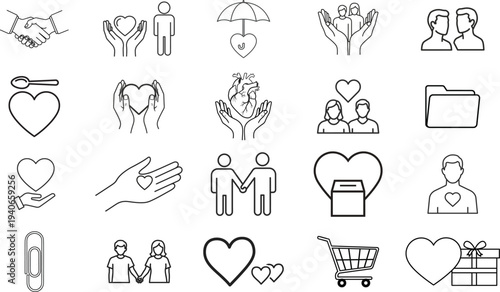 Collection of simple line icons representing love, care, and health-related themes, including hearts, people, and medical symbols in a minimalist style.