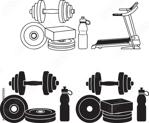 Black and white illustration of various gym equipment and weights