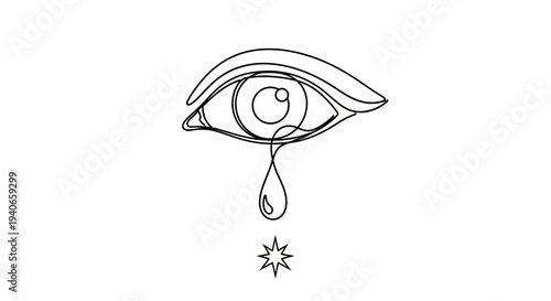 A poignant line art illustration of a crying eye with a teardrop and starburst, conveying intense emotion and inner turmoil.
