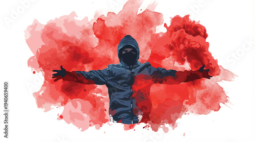 Person in hooded jacket with face obscured, arms outstretched amidst a cloud of red smoke, conveying rebellion or protest