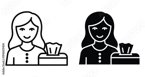 Woman with tissue box icon set representing hygiene health care cold flu symptoms allergy relief facial paper napkin and personal wellness