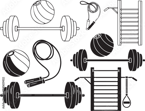 Black and white illustration of various gym equipment and fitness tools