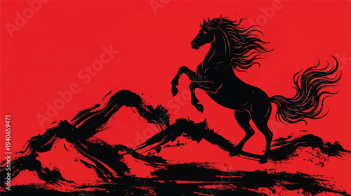 Black silhouette of a rearing horse against a vibrant red background with abstract brushstroke mountain shapes, symbolizing power and freedom