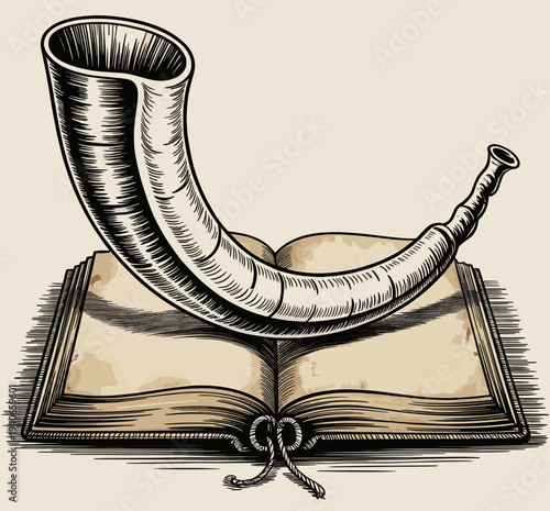 Vintage horn resting on an open book with decorative binding  