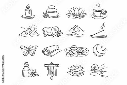 Thoughtful set drawing line tranquil drafting placement etching icon composed curve vector