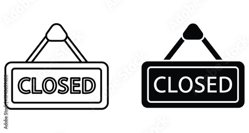 closed sign icon set hanging board for shop store business door notice message symbol black outline solid vector graphic design element