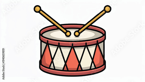 Cartoon drum with two drumsticks on top isolated on white background