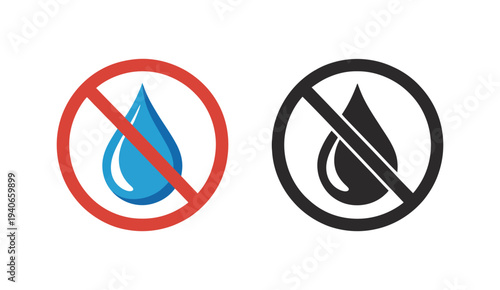 No Water Or Drought Icon Set, Prohibition Symbols With Red Circle And Slash, Water Conservation And Restricted Access Warning Signs, Clean Minimal Vector Illustration For Public Safety And Eco.