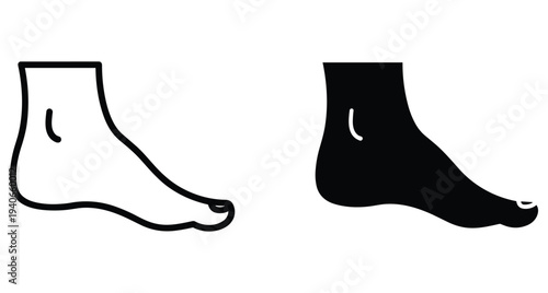 human foot icon set showing side view of ankle and toes in outline and solid black silhouette for medical or fitness design