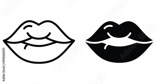 Minimalist lip icons showing a biting lip expression in outline and solid black silhouette styles for beauty fashion and cosmetic design