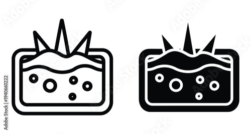 Science laboratory experiment tray with chemical reaction liquid bubbles and sharp crystal growth icons in outline and solid black graphic styles