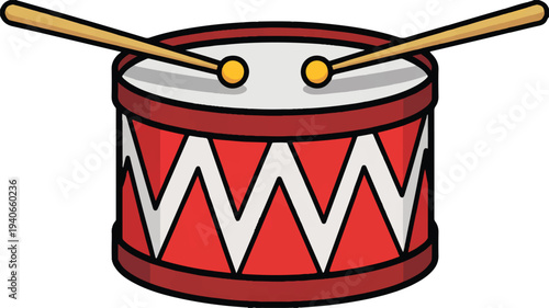 cartoon red drum with white zigzags and two drumsticks on top