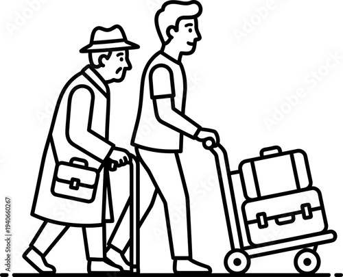 Young man helping an elderly man with luggage, showing assistance and care. Outline vector illustration for travel and support concept