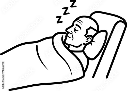 Old man sleeping in bed with blanket and pillow, zzz above head. Rest, relaxation, bedtime concept. Black and white outline vector illustration for icon or symbol