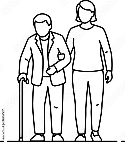 Outline illustration of a woman assisting an elderly man with a cane, symbolizing support and care. Vector icon for senior assistance design