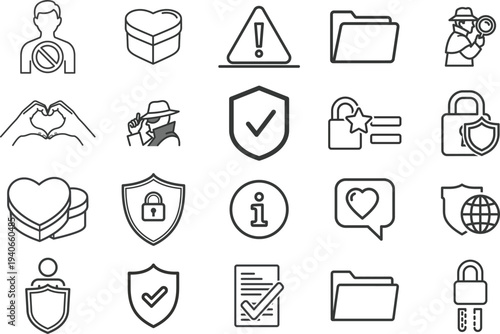 Collection of security icons, including shields, locks, and alerts, illustrating protection and safety measures in a digital environment.