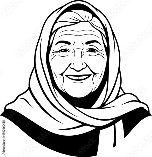 Portrait of an old woman in a headscarf, smiling, representing wisdom and tradition. Vector illustration for avatar, profile picture