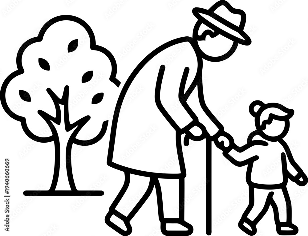 Obraz premium Senior man walking with child holding hands outdoors near a tree. Grandfather with grandchild, family bond concept. Modern line vector icon