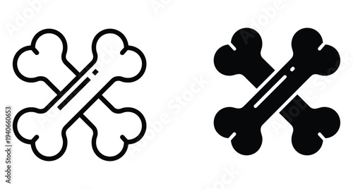 Crossed bones icon set featuring outline and solid black silhouette styles for pirate theme medical anatomy or danger warning sign symbols