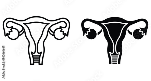 Female reproductive system uterus and ovaries icons set in outline and solid black style for medical education and healthcare graphic design