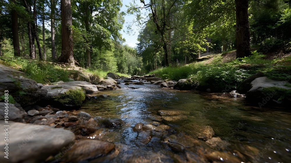 Fototapeta premium A clear stream flows gently through a sun d d forest with moss covered rocks