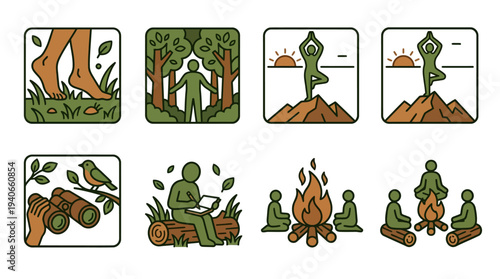 Minimalist nature wellness icons set for camping hiking and yoga