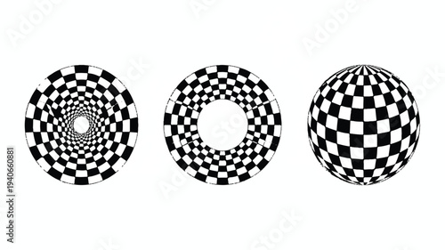 Checkerboard patterns on flat and spherical surfaces in black and white