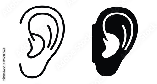 Human ear icon set with outline and solid black styles for medical hearing health anatomy sensory organ listening sound and communication