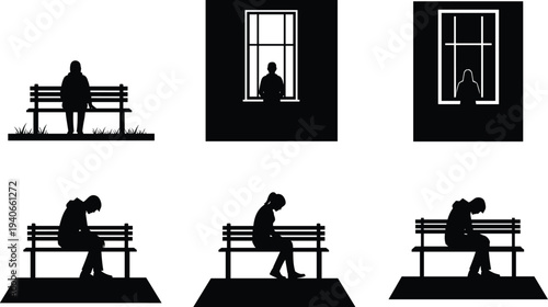 Lonely sad people sitting on bench and looking through window silhouette collection vector illustration