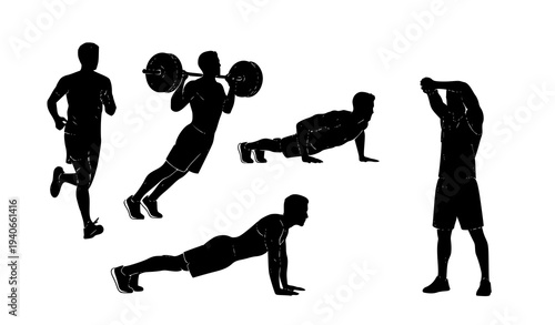 Workout male athlete silhouette collection with gym exercise and fitness training poses vector