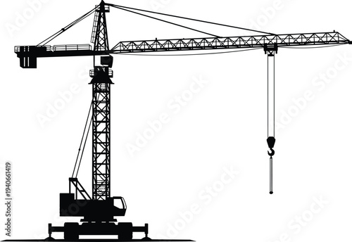 Tower crane construction machinery silhouette lifting hook on building site isolated vector illustration