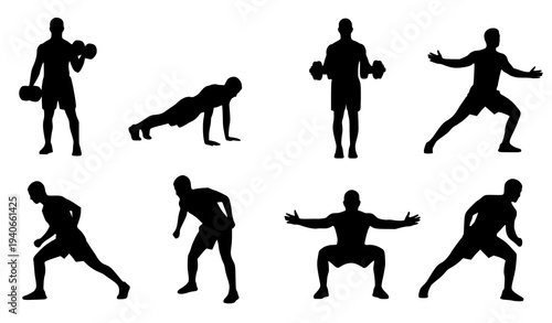 Male athletes workout silhouettes vector set with running lifting and exercise fitness poses