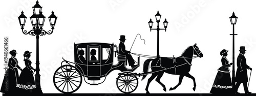 Victorian era horse carriage with elegant people street lamps vintage silhouette illustration isolated on white background
