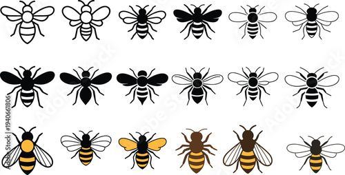 Bee icons collection with honeybee silhouettes and colored insects set including flying bees pollinator symbols isolated vector illustration pack
