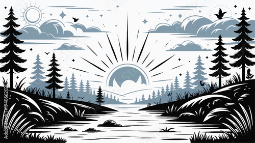 Sunrise Over River with Silhouetted Trees and Sunburst Effect