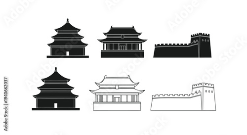 Black and white illustrations of traditional chinese architecture and structures