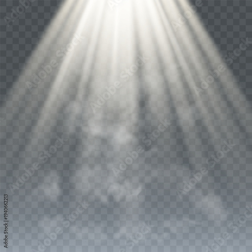 Bright light rays illuminating smoke on transparent background