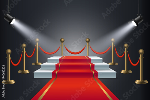 Red carpet leading to spotlighted stage presentation ceremony