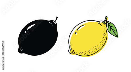A black silhouette and a yellow lemon with a green leaf are shown
