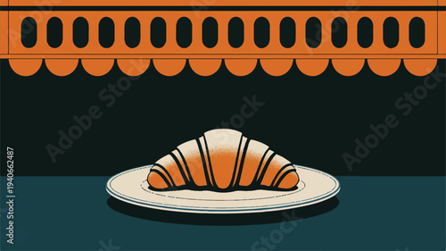 Croissant on a plate under a decorative border