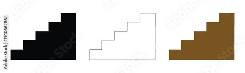 Vector stair steps icons set black filled white outline brown staircase climb up down steps ladder ascent descent simple geometric illustration